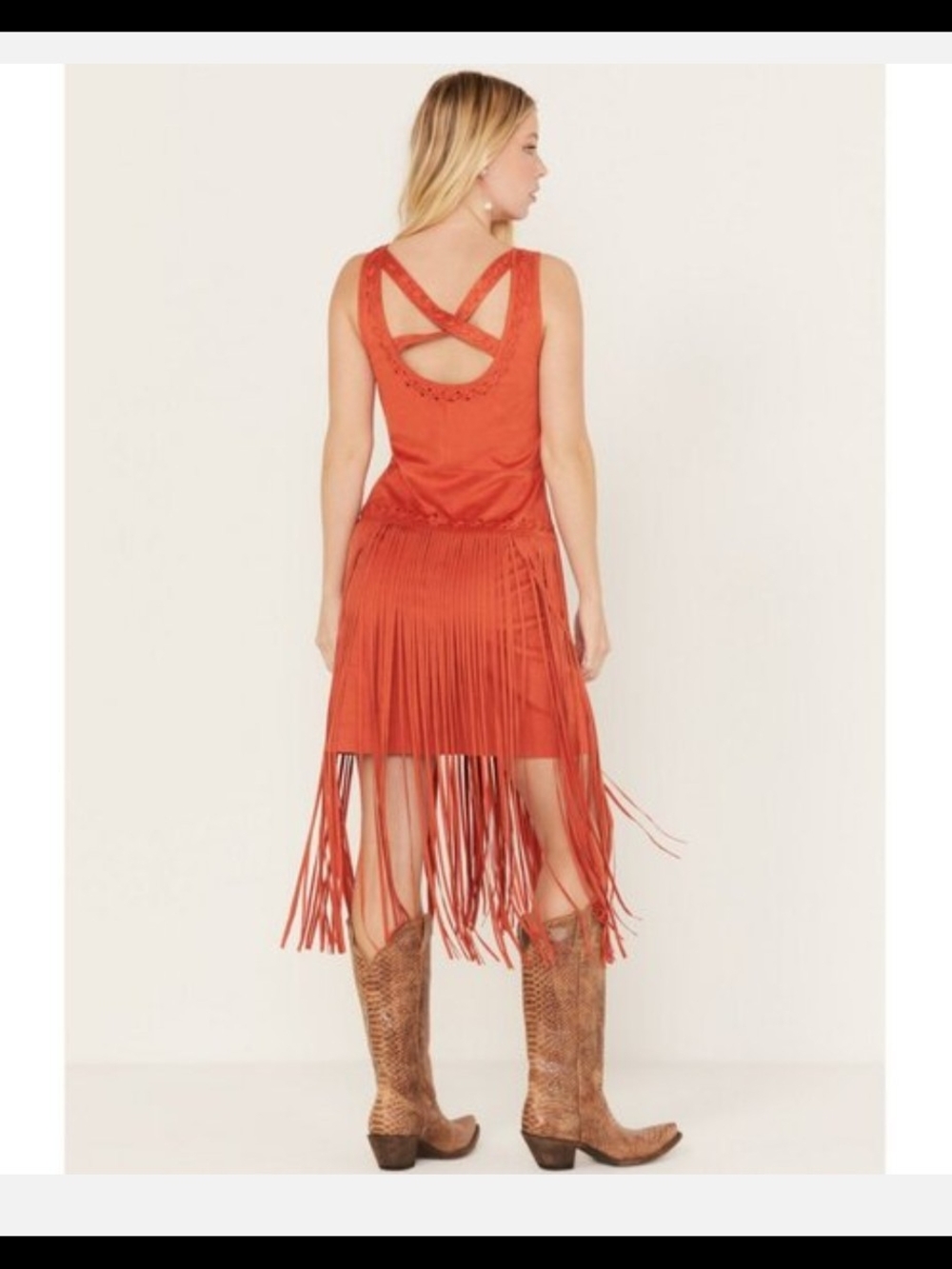 Idyllwind Faux Suede Fringe Midi Dress in Burnt Orange XL - Picture 3 of 9